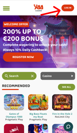 Verifieer je account door in te loggen bij Yaa casino